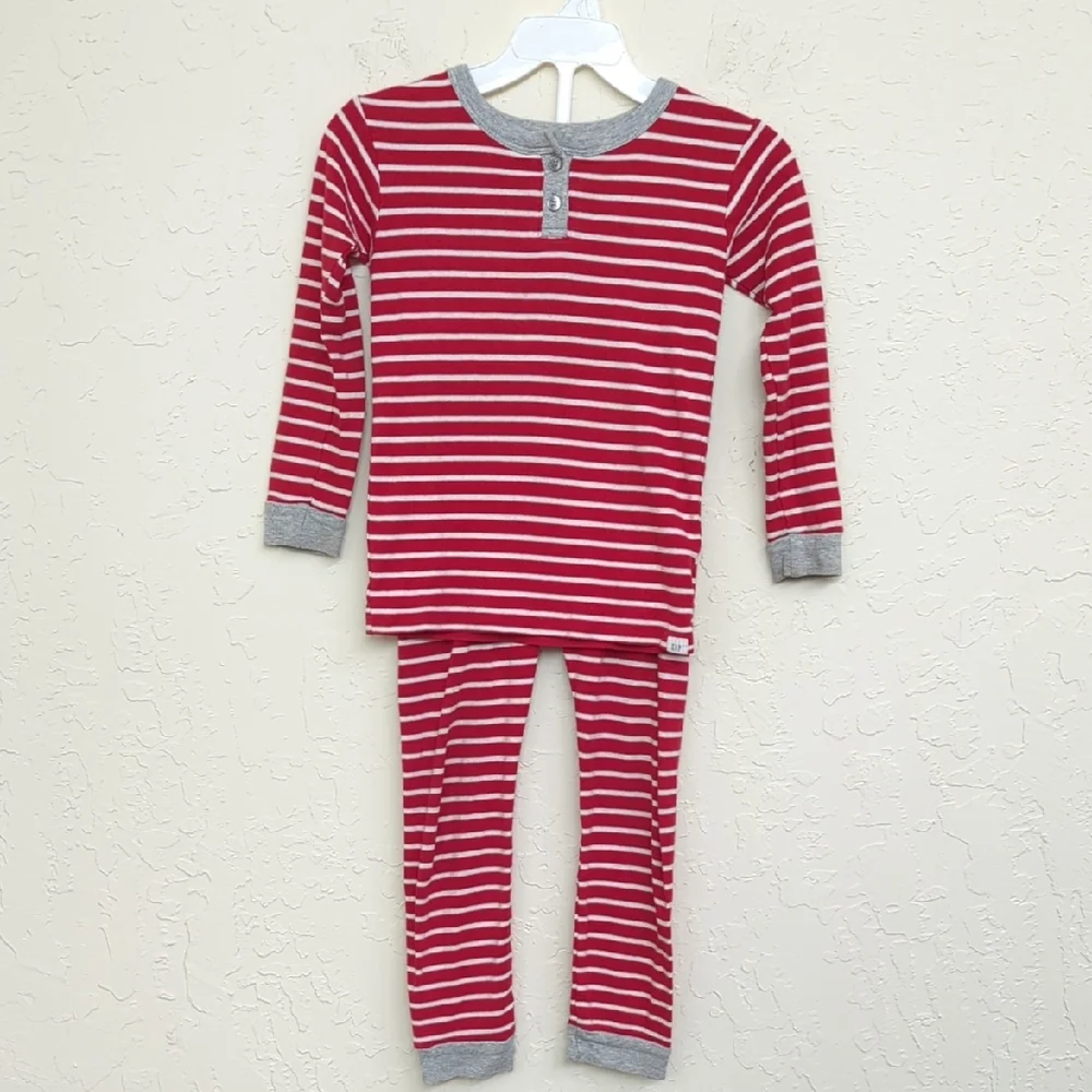 GAP Kids Red and Gray Striped Long Sleeve Henley Top and Pants Pajama Set Size 4